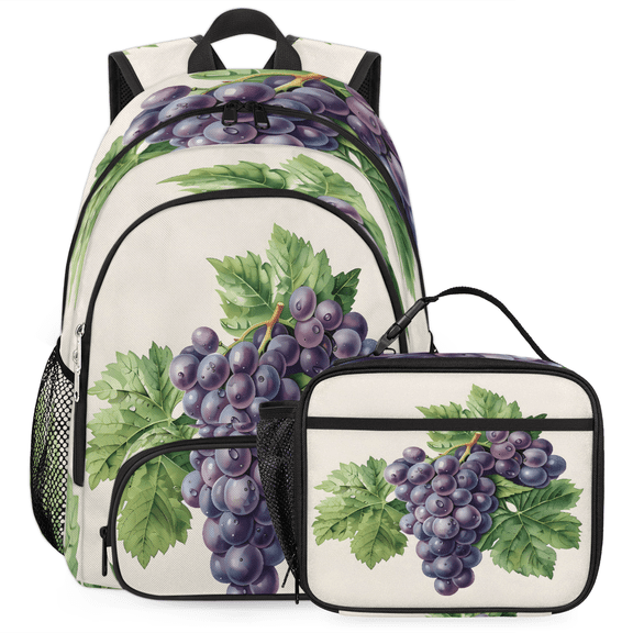 Herdesigns Purple Grape Large Backpack Set with Lunch Box Lightweight Water Resistant Travel Laptop Backpacks Casual Daypacks for Women Men