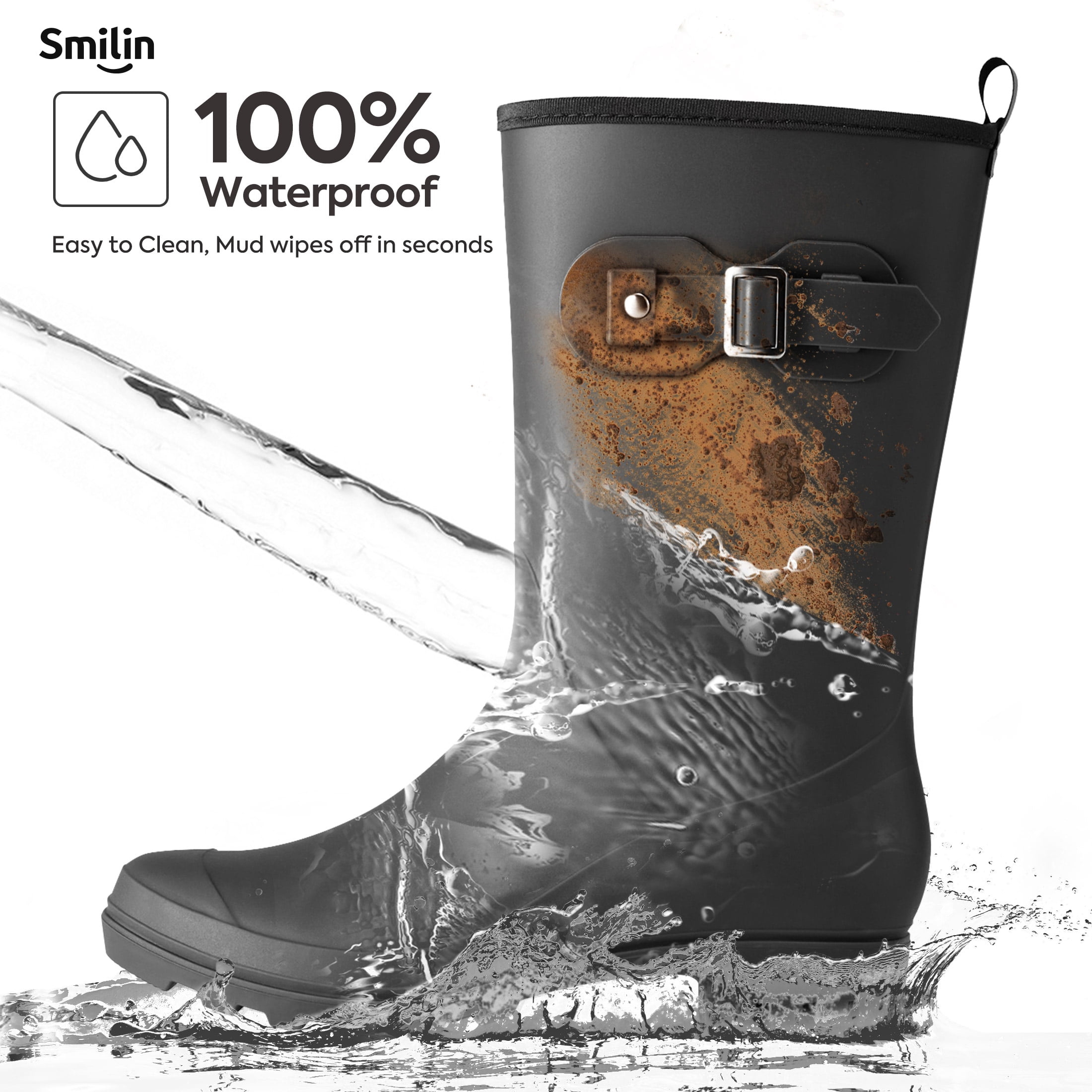 SMILIN Wellington Wide Calf Rubber Rain Boots for Women Black Size 8
