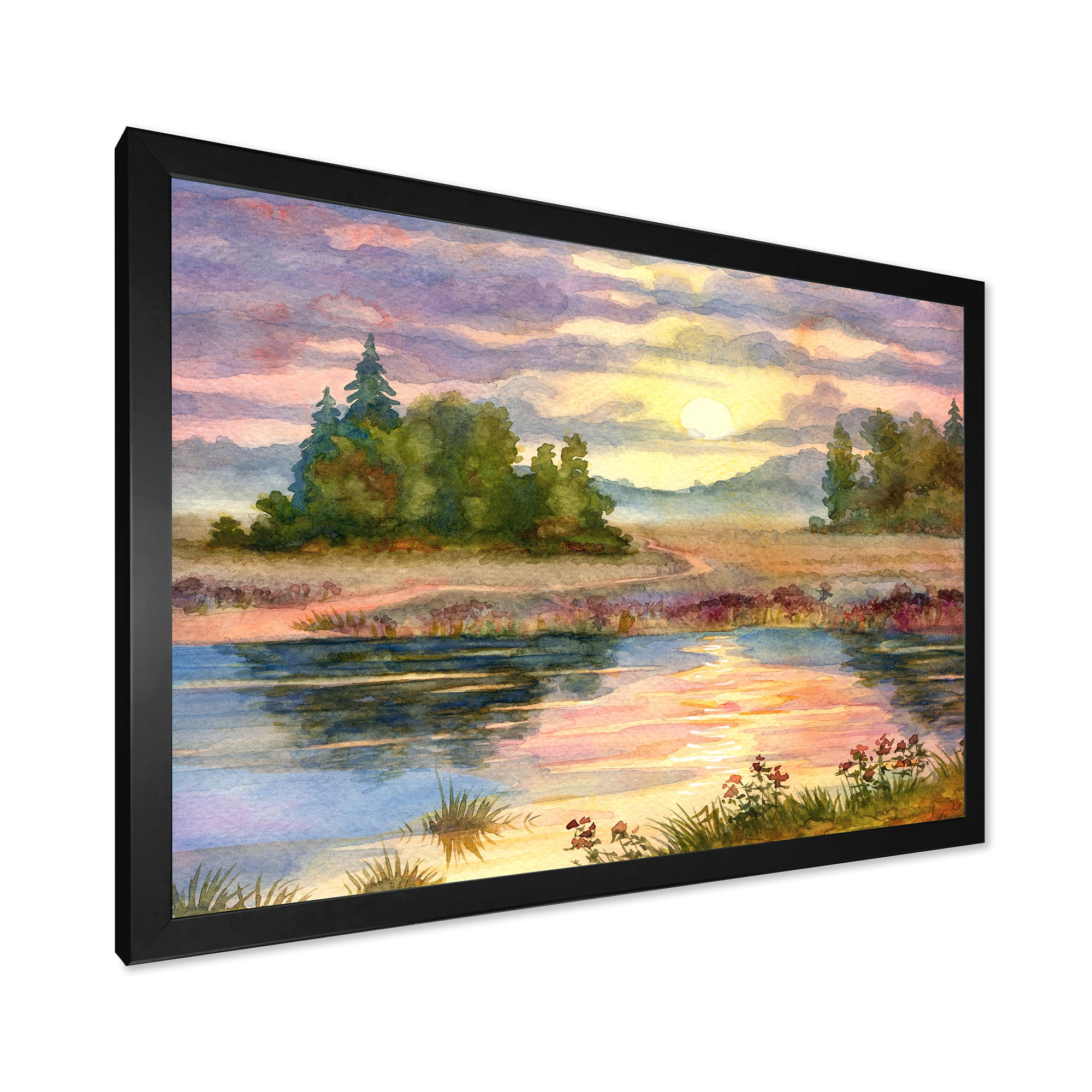 Designart 'The Rural Lake In Sunset Evening I' Traditional Framed Art Print