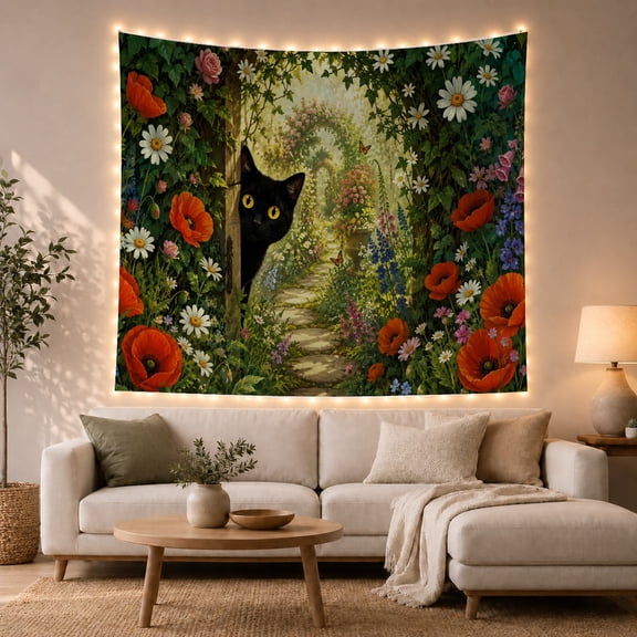 Black Cat in Lush Sun-Drenched Garden, Whimsical Cottagecore for Cat Lovers, Floral Art Decor Housewarming Gift, Tapestry Wall Hanging for Bedroom and Dorm