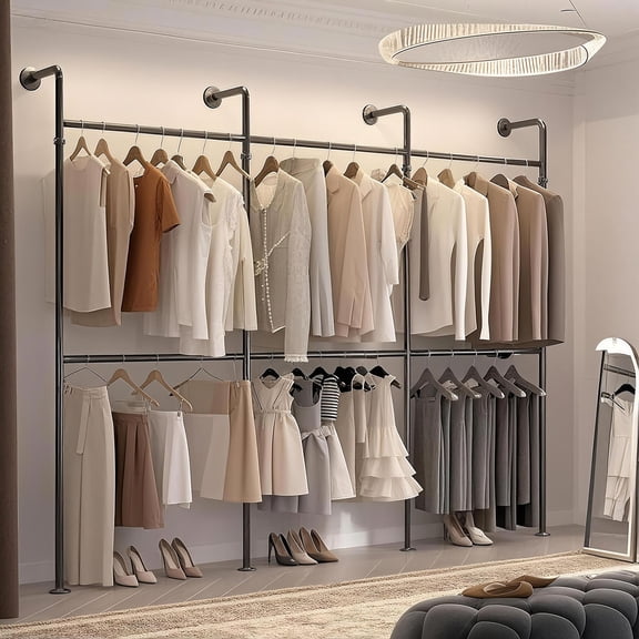 Danolapsi Industrial Pipe Clothing Racks, 1000LBS Black Wall Mounted Clothes Rack, Heavy Duty Garment Rack Closet Wardrobe Rack for Walk In Closet, Laundry Room