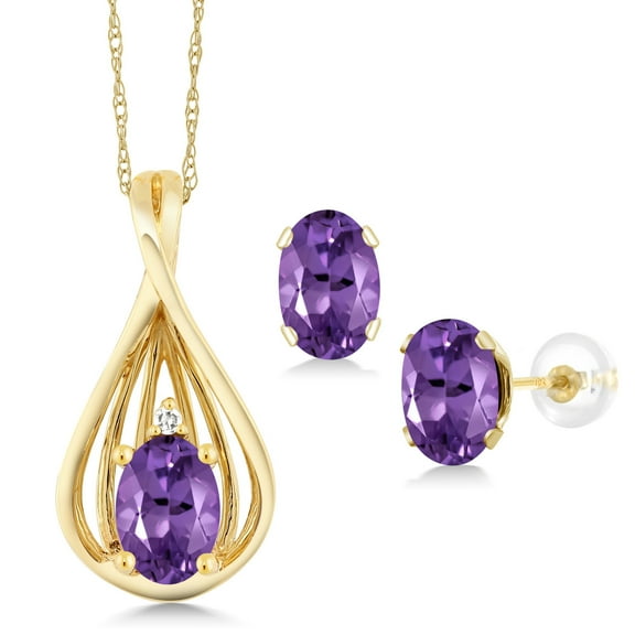 Gem Stone King 1.36 Ct Oval Purple Amethyst White Diamond 10K Yellow Gold Pendant and Earrings Jewelry Set