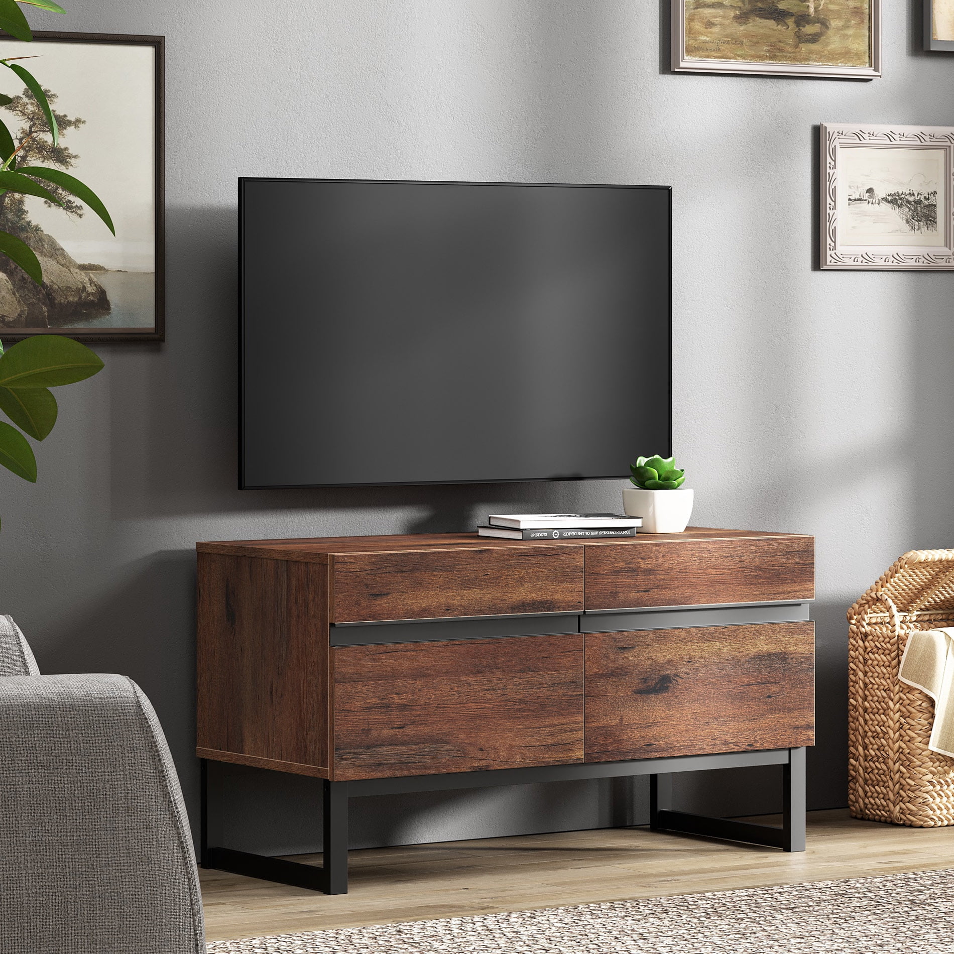 WAMPAT Modern TV Stand, 4-in-1 Entertainment Center with Storage Cabinets & Metal Base, 124" Brown, Fits TVs Up to 120"