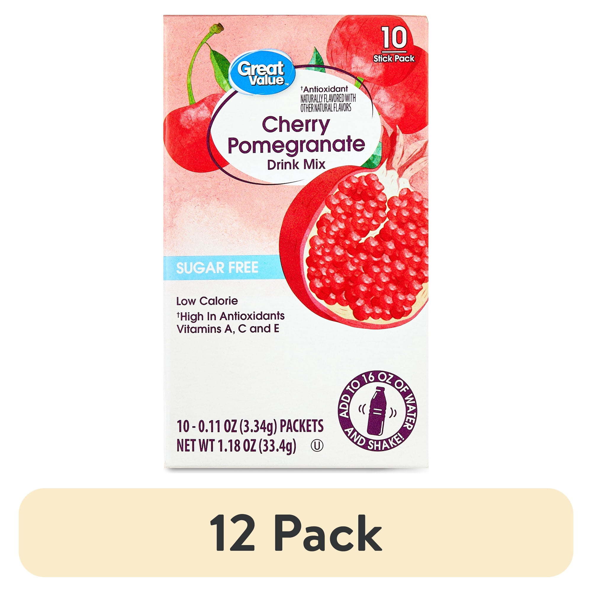 (12 pack) Great Value Sugar-Free Cherry Pomegranate Antioxidant Powdered Drink Mix, 0.11 oz, 10 Count