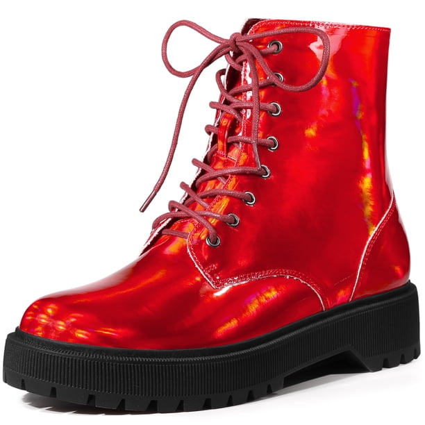 La plataforma del dedo del pie redondo de las mujeres ata para arriba los botines coloridos del combate Rojo 38