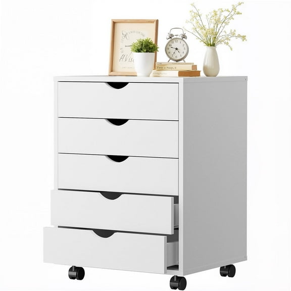 Simenmax 5 Drawer Chest Mobile Storage Cabinets Wooden Dresser with Wheels Room Organization Furniture for Office, White