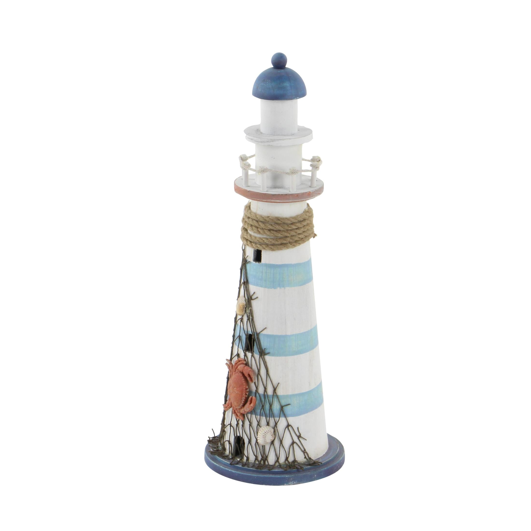 7" x 16" Blue Wood Light House Sculpture with Netting, by DecMode