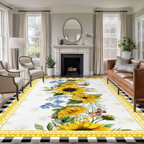 Large Area Rugs for Living Room Bedroom, Sunflower 6'x9' Rug Washable Carpet Runner Indoor Outdoor, Yellow Flowers Black White Plaid Farmhouse Botanical Non Slip Floor Mats Rug for Kitchen, Playroom