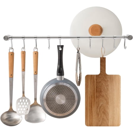 20 Inch Kitchen Hanging Racks 304 Stainless Steel Rail Utensil Storage Hanger with 10 Pcs Sliding Hooks, Wall Mounted Rod Holder for Pots Pan Spatula Spoon Cookware, Silver