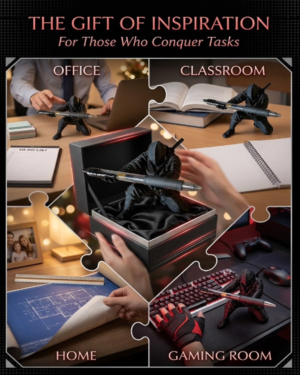 Ninja Warrior Pen Holder with Sword and Weapon Accessories, 2026 New 3D Printed Desk Organizer Stand with Sculpture, Unique Creative Stationery Gift for Office Home Classroom (3PCS)