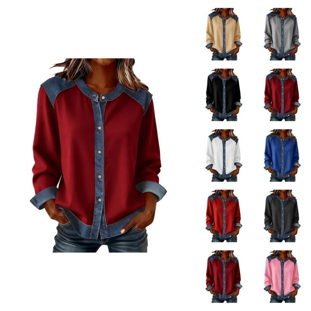 Chemises à Manches Longues pour Femmes Printemps 2026 Mode Col Rond Boutonné Patchwork en Denim Chemise Décontractée Blouse Haut