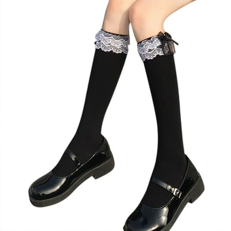 

TINYSOME Women Girls Sweet Lolita Black White Knee High Socks Bowknot Ruffled Frilly Lace Trim Japanese Style Student Princess Cotton Long Stockings