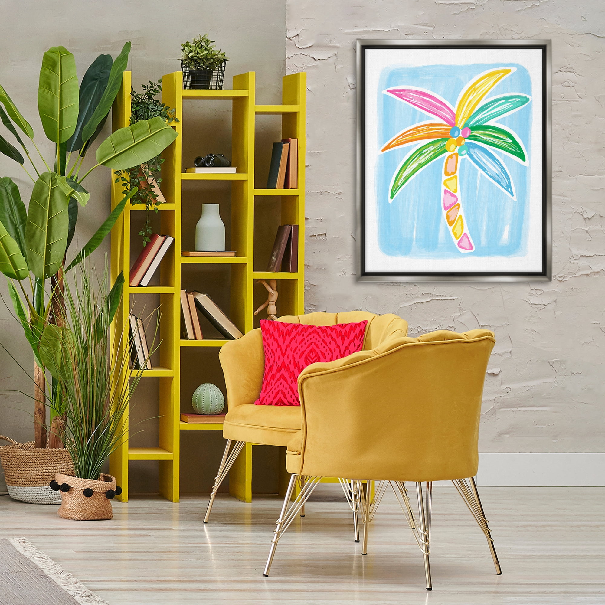 Stupell Industries Pastel Palm on Blue Botanical & Floral Painting Gray Floater Framed Canvas Art Print Wall Art, 25 x 31