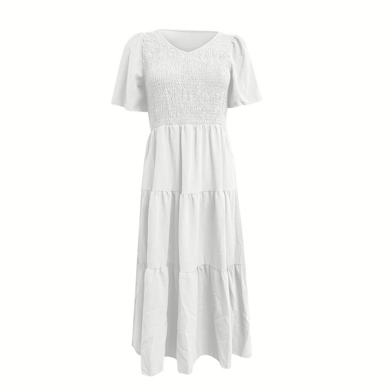 Cotton Short sleeve Elastic waist V neck Maxi Dresses Cotton Short sleeve Elastic waist V neck Maxi Dresses