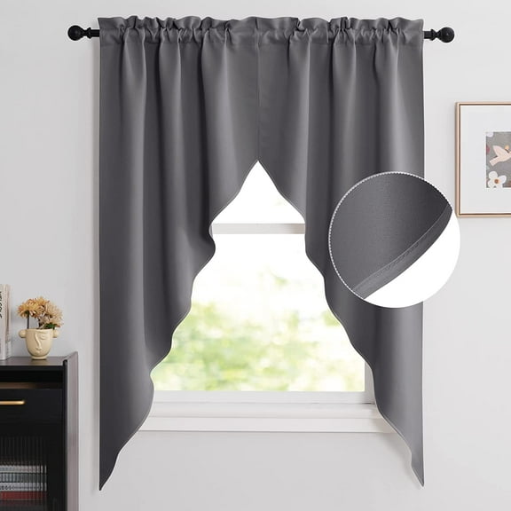 GDDPOD-Blackout Window Treatment Pole Pocket Kitchen Tier Curtains- Tailored Scalloped Valance/Swags for Living Room (One Pair, 36 Wide by 63-inches Long Each Panel, Grey)