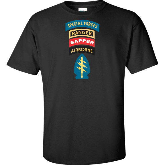 U.S. Army Special Forces with Ranger Sapper and Airborn Tabs T-shirt