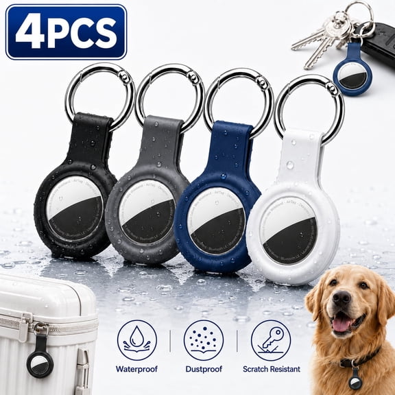 Deally 4-Pack Silicone AirTag Holders - Waterproof Keychain and Dog Collar Cases Compatible with AirTag Devices (Black/Grey/Blue/White)