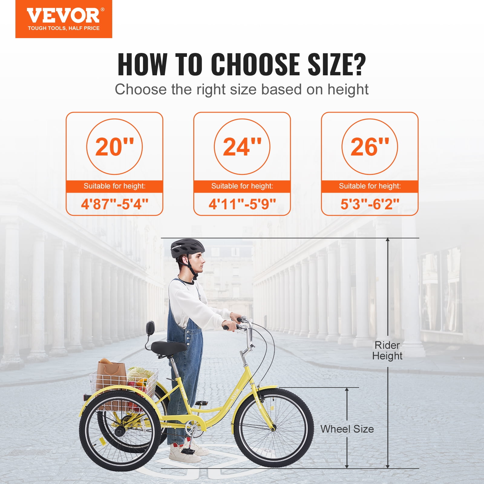 Vevor Adult Tricycles Bike 20 Inch Three Wheeled Bicycles 3 Wheel Bikes Trikes Carbon Steel Cruiser Bike With Basket Yellow