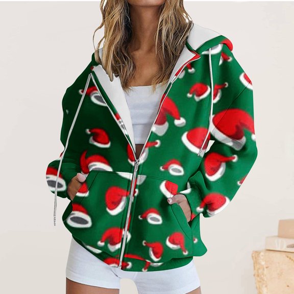 WXLWZYWL Oversized Hoodie for Women Zip Up Christmas Bell Y2K Fleece Long Sleeve Jacket Coat Xmas Sweatshrits