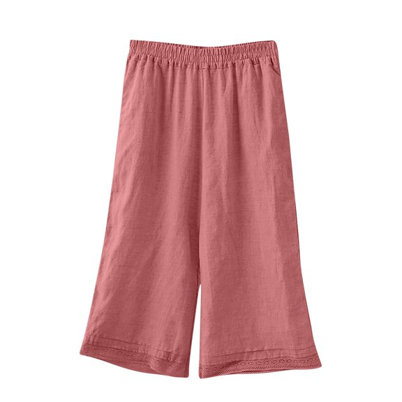 Women's Cotton Linen Cropped Wide Leg Pants Elastic Waisted Loose Fit Comfy Lounge Palazzo Capris