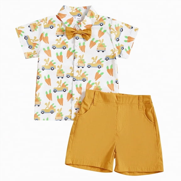 Baby Boy Easter Outfit Short Sleeve Lapel Button-Down Shirt with Elastic Shorts Set Toddler Boy Cute Clothing
