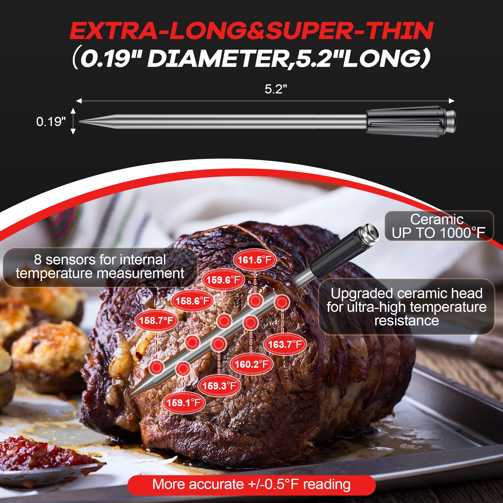 Speusurea RD369 Wireless Meat Thermometer, 2 Ultra-Thin Probes, 1000FT Bluetooth Grill Digital Food Thermometer with Smart APP for BBQ, Grill, Oven, Smoker, Air Fryer
