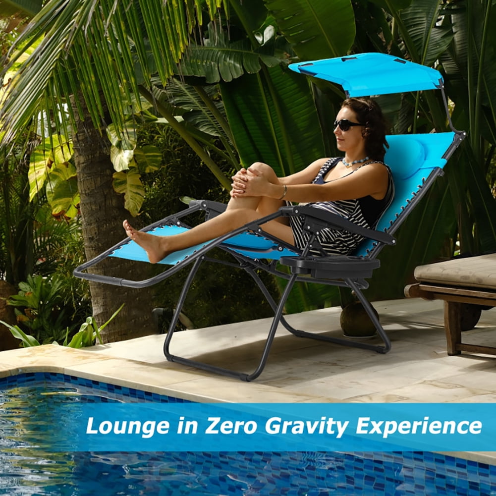 Aimee Lii Folding Recliner Lounge Chair with Shade Canopy Cup Holder, Outdoor Patio Furniture, Blue