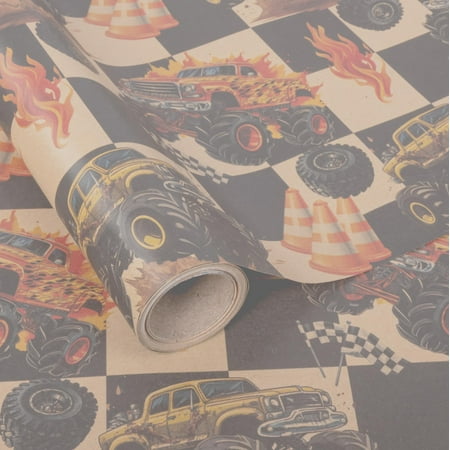 Altarho Monster Truck PriNst Kraft Wrapping Paper Roll For Boys Kids Black White Buffalo Plaid Gift Wrap with Racing Car for Birthday Truck Themed Party Baby Shower Engagement Total 28.5sq.ft