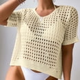 thumbnail image 2 of BYHONG Womens Summer V Neck Short Sleeve Button Down Sweater Casual Crochet Hollow Out Knit Tops Beach Coverup Blouses for women Yellow M, 2 of 4