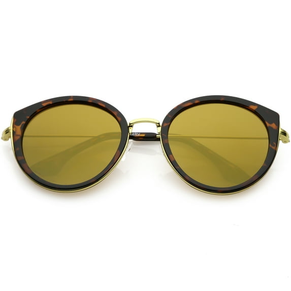 Modern Cat Eye Sunglasses Metal Trim Round Colored Mirror Flat Lens 53mm (Tortoise Gold / Brown Mirror)