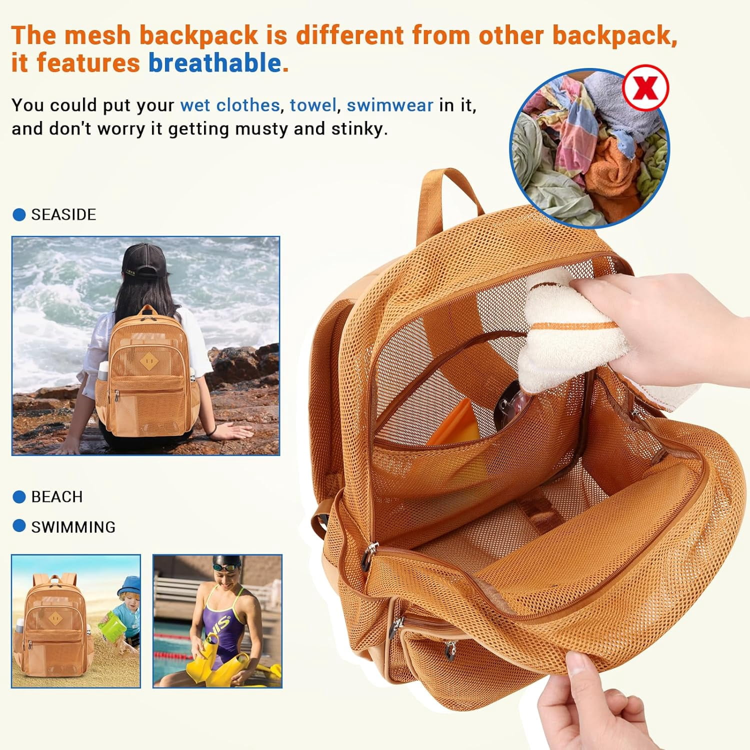 DAKIMOE Mesh Backpack School Backpack Bookbag Heavy Duty See Through Transparent Backpack Stadium Approved Large Capacity with Multiple Compartments Pockets for School Beach Swimming Sports Work