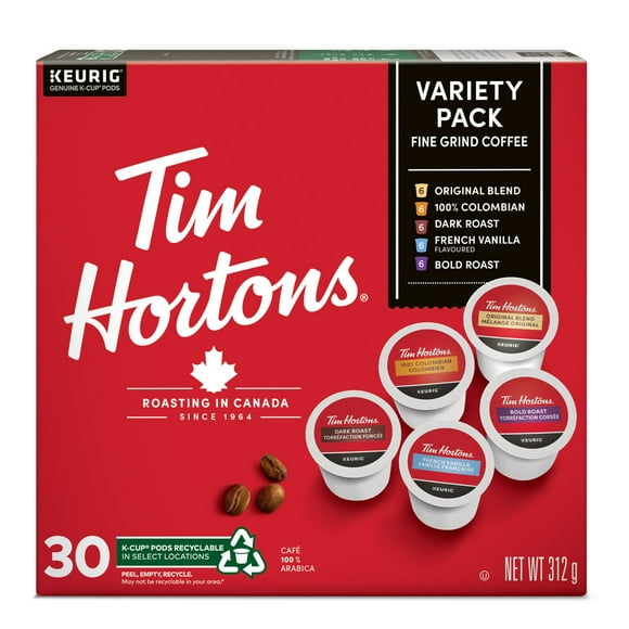 Tim Hortons Single Serve Coffee Cups, 30 Variety Pack, Keurig K-Cup 30ct Pods