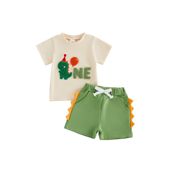 BemeyourBBs Baby Boy First Birthday Outfit 1st Birthday One Years Old Summer Clothes Letter Balloon Dinosaur Embroidery Short Sleeve T-Shirts and Pocket Shorts 2Pcs Set