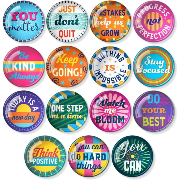 S&O Set of 15 Inspirational Magnets for Fridge - 1.5" Decorative Pins for Refrigerator - Cute Clips for Office - Motivational Buttons - Affirmation Emblems - Locker Charms for Boys & Girls