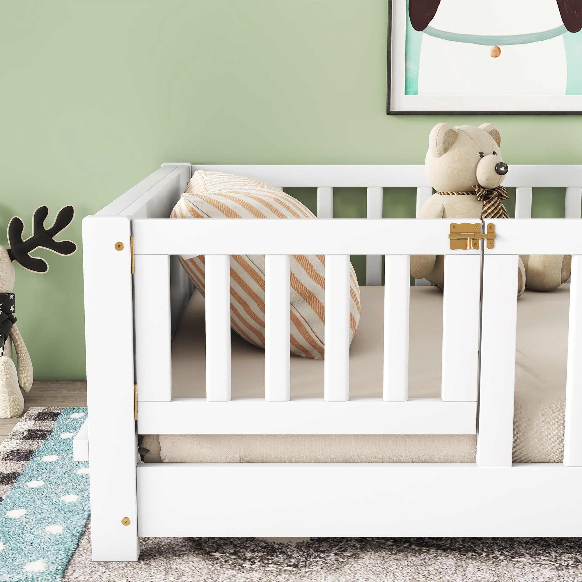 PORKISS Kids Floor Bed, Twin Size Solid Wood Floor Platform Bed with Book Storage Rack, Montessori Bed, With Door - White