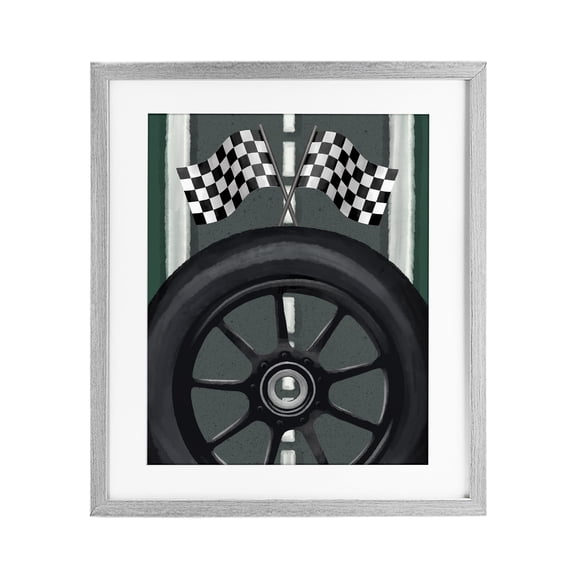 Stupell Industries Racetrack Flags & Tire Gray Framed Print Under Glass, design by Jennifer Stith
