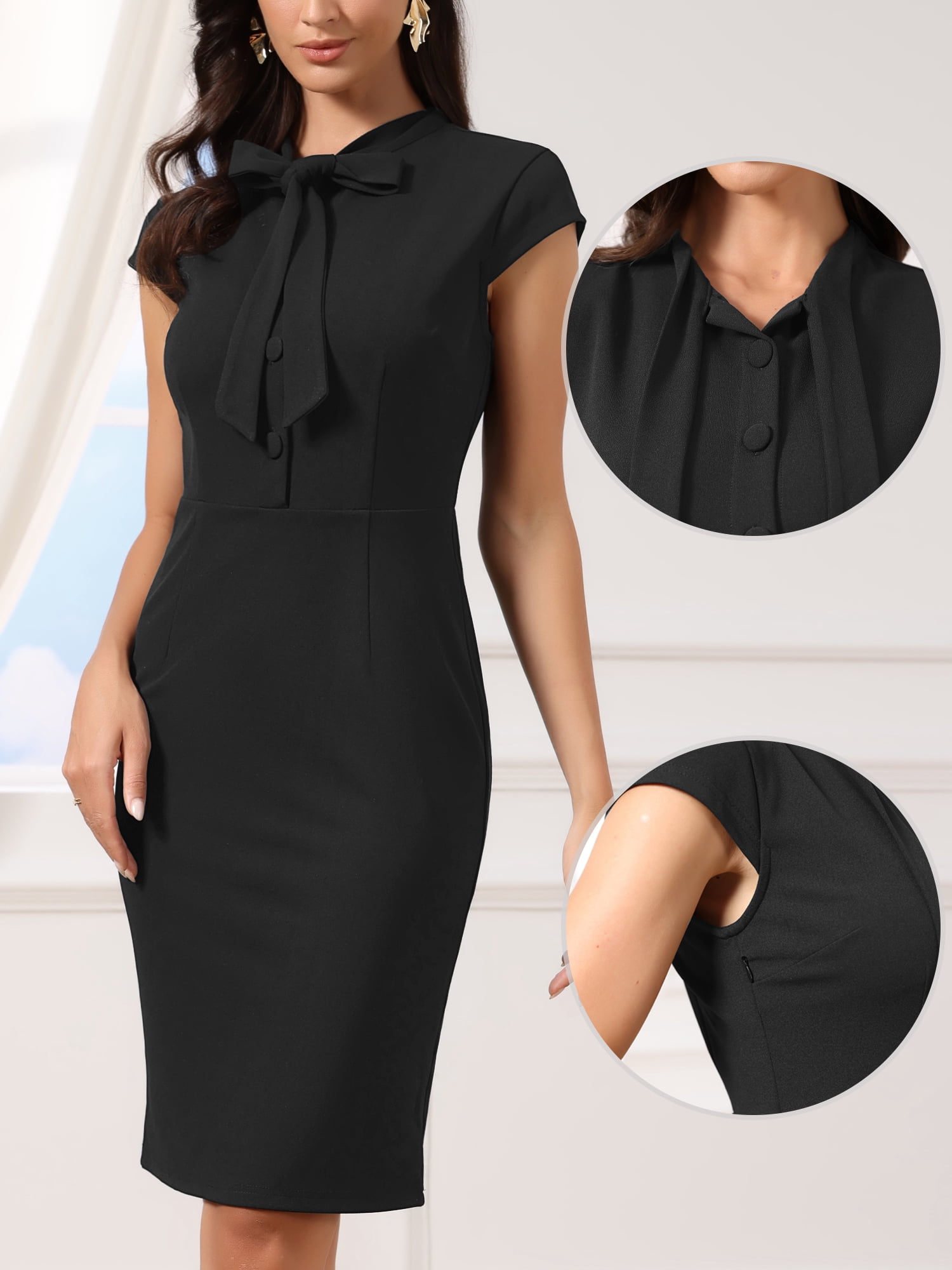 DARING DIVA Women's Midi Work Dress Cap Sleeve Bow Tie Neck Sheath Dresses L Black