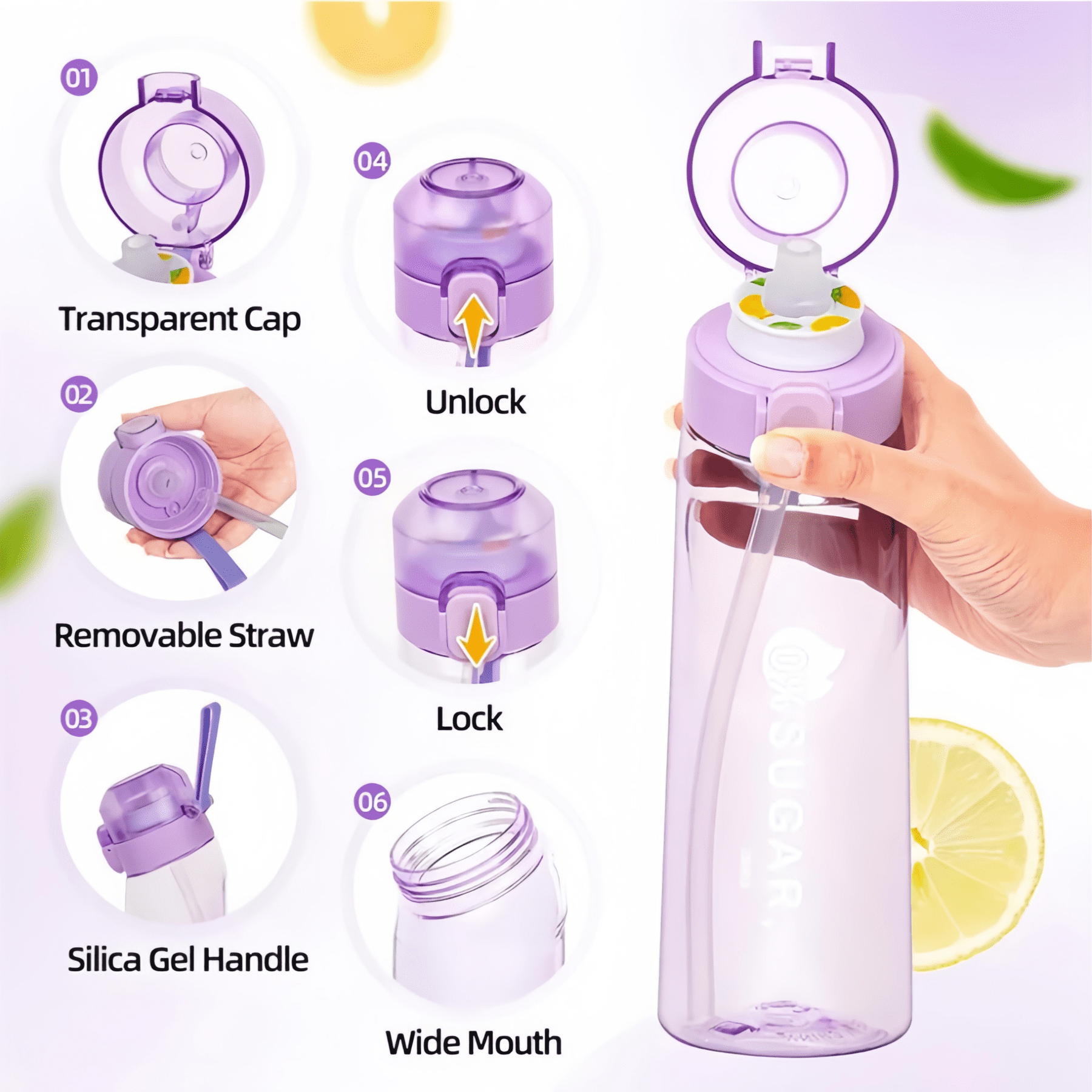 Clear Scented Water Bottle with 7 Flavor Pods - 650ml BPA-Free Tritan Sports Bottle, Leakproof Fruit Aroma Cup for Fitness, Gym & Outdoor (Purple)