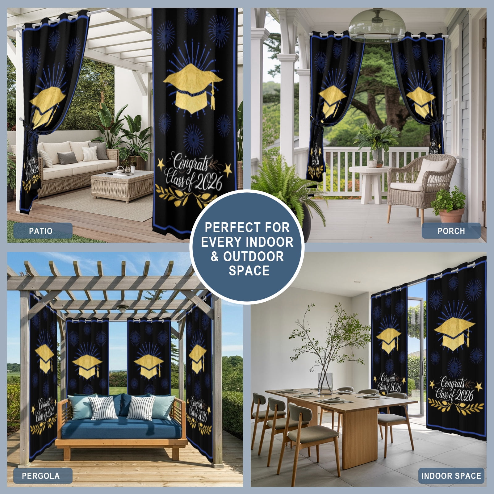 Gold Gingham Outdoor Curtains for Patio, Class of 2026 Fireworks Academic Graduation Black Sunshade Privacy Drapes Grommet Waterproof Outside Curtains for Porch/Cabana/Balcony 54"x 108", 1 Panel