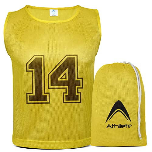 Athllete DURAMESH Set of 12 - Scrimmage Vest/Pinnies/Team Practice Jerseys  with Free Carry Bag. Sizes Children Youth Adult and Adult XL (Golden Yellow  Numbered, Large) 