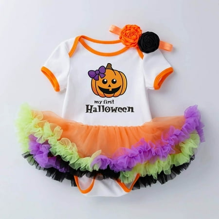 

GHSuoui Newborn Infant Baby Girls Print Spring Autumn Halloween Pumpkin Short Sleeve Tulle Romper Bodysuit Headbands Clothes