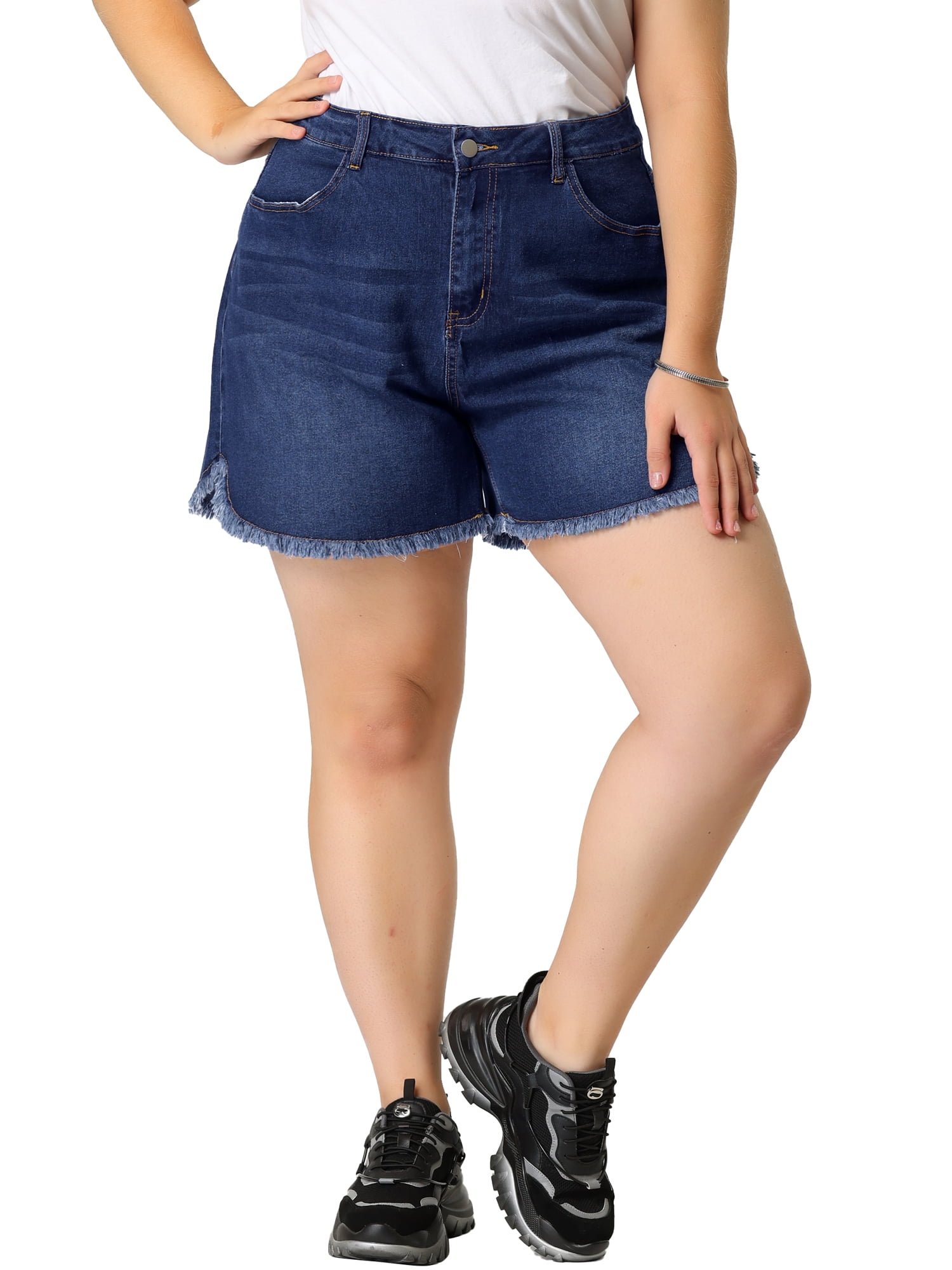 Agnes Orinda Women's Plus Size Denim Shorts High Waisted Raw Hem Stretched Distressed Jean Shorts 