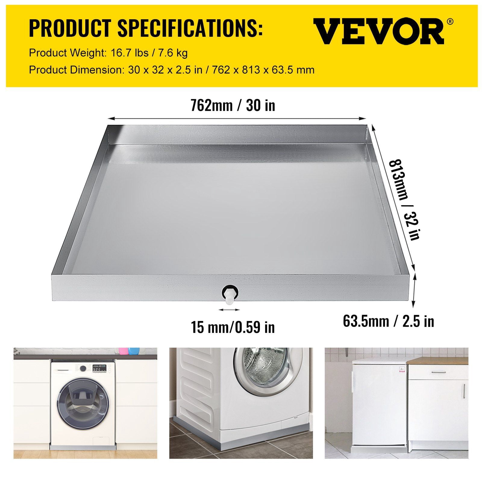 32 x 30 x 2.5 Inch Washing Machine Pan, Heavy-Duty Galvanized Steel Washer Tray with Drain Hole and 0.59" Hose Adapter, Leak-Proof Drip Tray for Laundry Room and Appliance Protection
