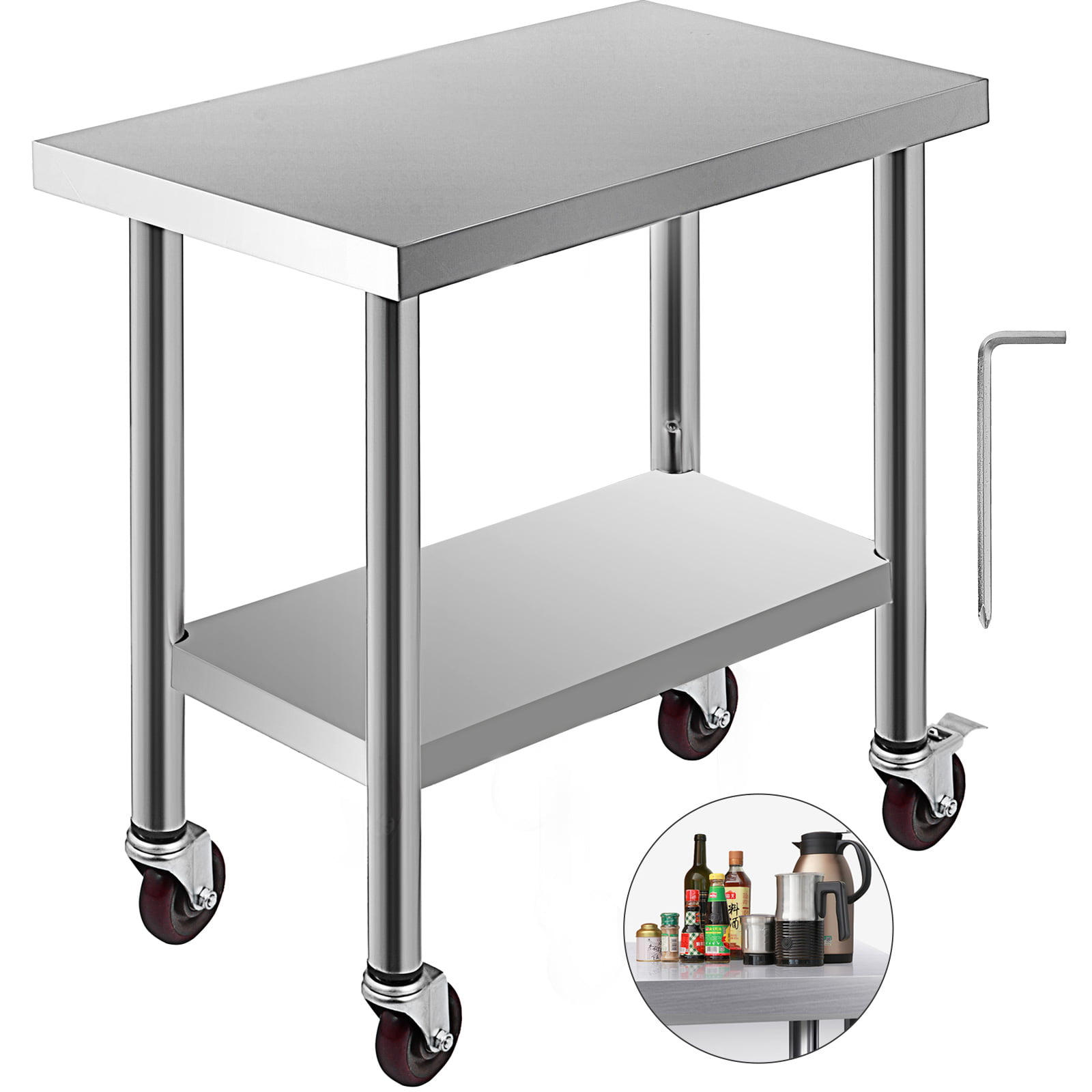 VEVOR 30x18x34 In Stainless Steel Work Table 4 Wheels Food Prep Stainless Steel Work Table With Wheels