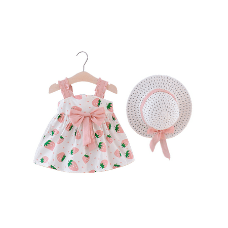 

Musuos Baby Girls Suspender Dress Strawberry Print A-Line Mini Sundress Straw Hat
