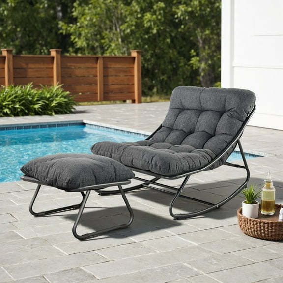 Rocking Chair with Foot Stool, Outdoor/Indoor E-Coated Modern Cozy Rocker Chair with Cushion for Balcony Porch Patio, Gray