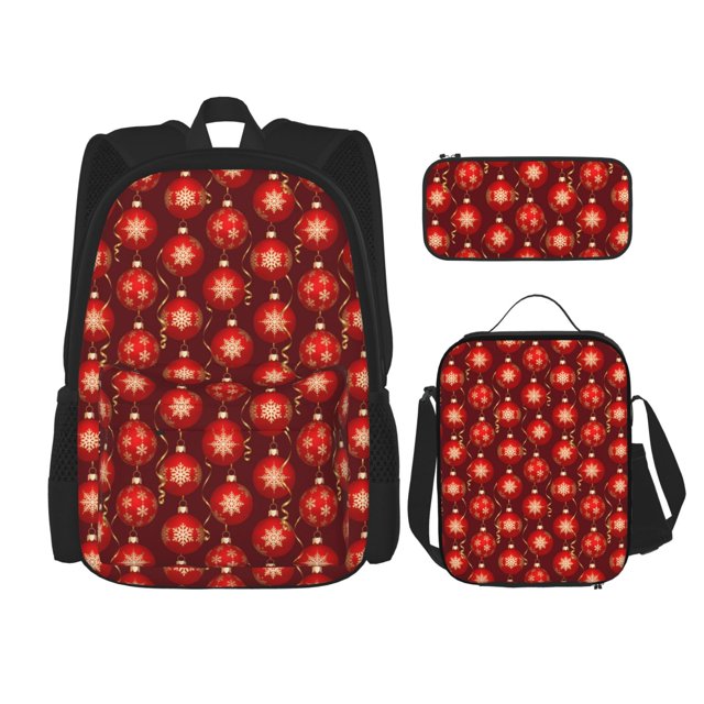 Balery Christmas Red Balls Mochila escolar 3 en 1 para niños: mochila resistente con lonchera térmica y estuche para lápices. Mochila escolar para niños y niñas.