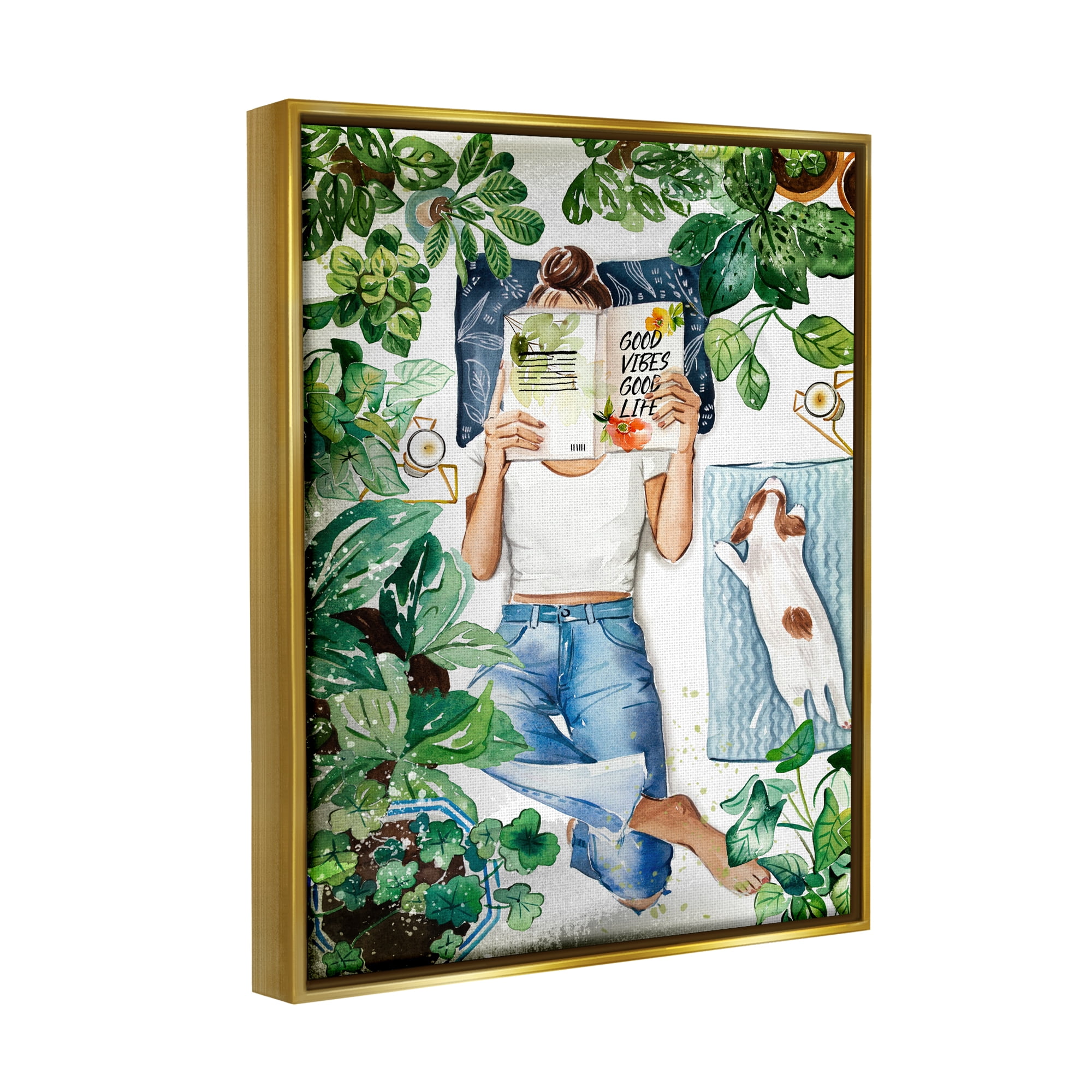 Stupell Industries Girl Reading Book with Dog Literature & Film Painting Gold Floater Framed Art Print Wall Art, 17 x 21