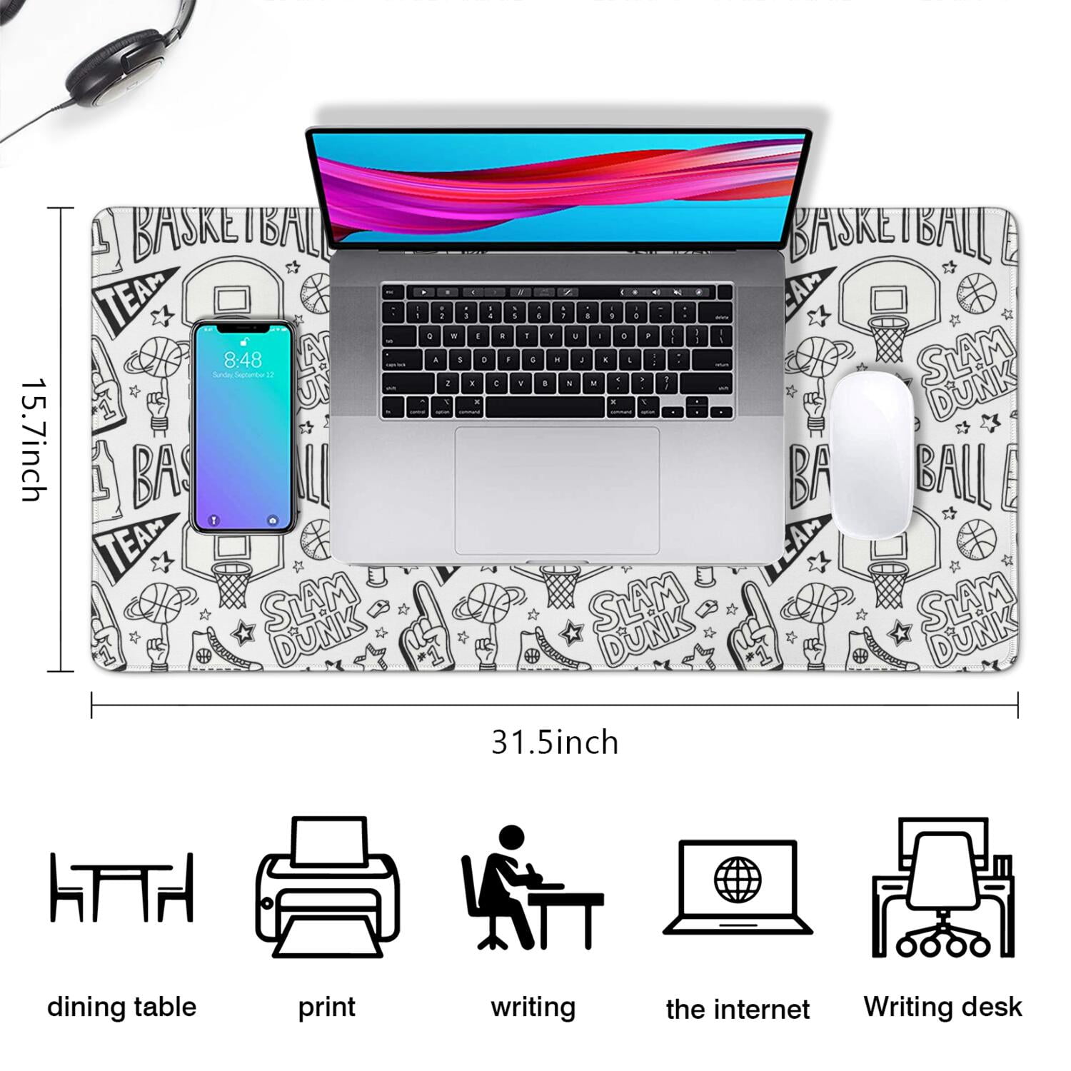 Long Mouse Pads for Desk,Basketball Doodle Pattern Desk Mats on Top Of Desks, Desk Mouse Pad Extra Large with 3mm Non-Slip Base and Stitched Edge for Gaming,Office,Work,Home 31.5"x15.7"