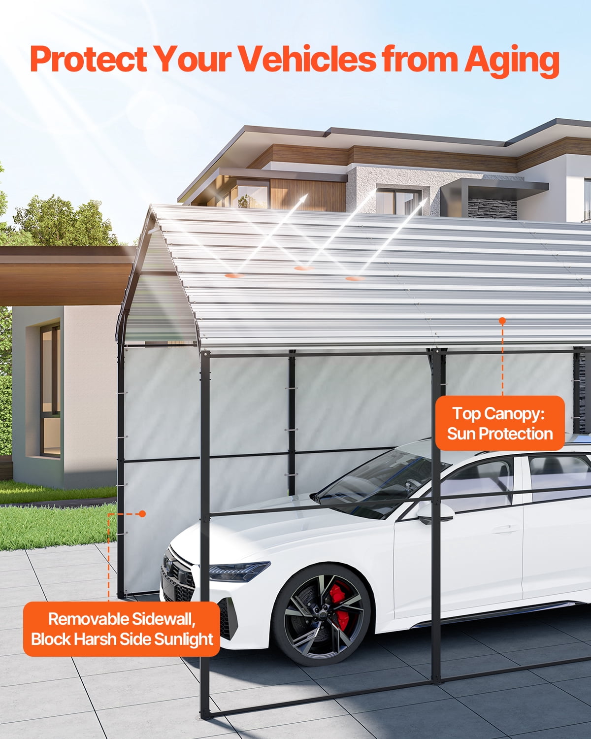 KFFKFF Heavy Duty Metal Carport 10' x 15' Outdoor Shelter with Galvanized Steel Frame & Roof, Car Tent Garage Shade with Detachable Sidewalls for Vehicles, Boats, Equipment